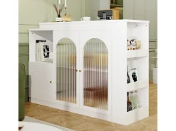 Mueble bar giratorio - 200 x 40 x 103 cm - con 3 puertas y 4 compartimentos abiertos - puerta de cristal - blanco