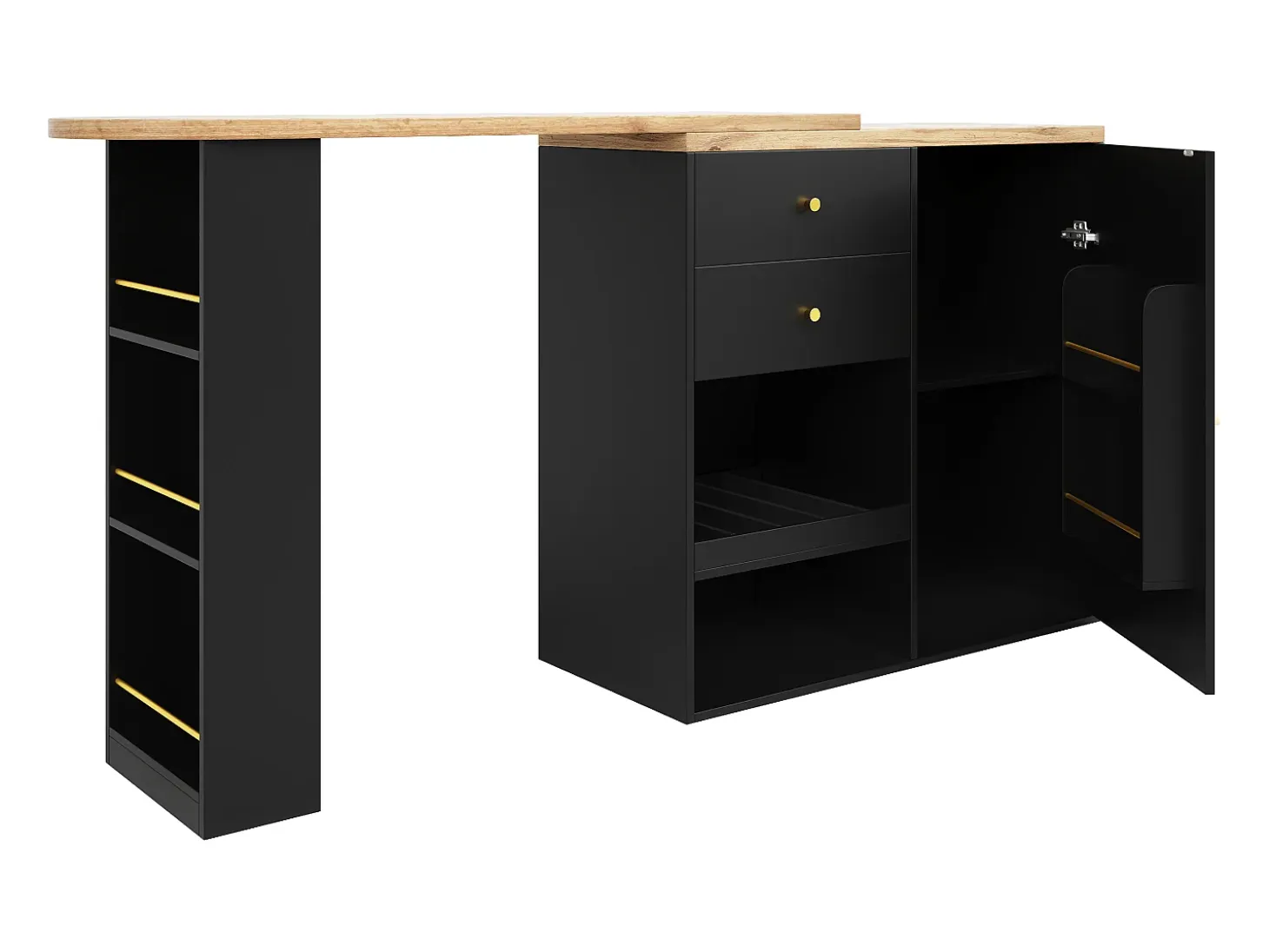 Mueble bar giratorio - 204 x 39 x 104 cm - con 2 cajones y 1 puerta - 5 espacios de almacenamiento abiertos - negro