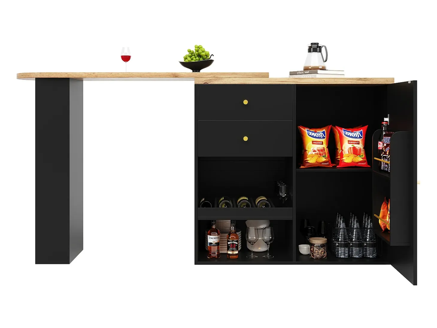 Mueble bar giratorio - 204 x 39 x 104 cm - con 2 cajones y 1 puerta - 5 espacios de almacenamiento abiertos - negro