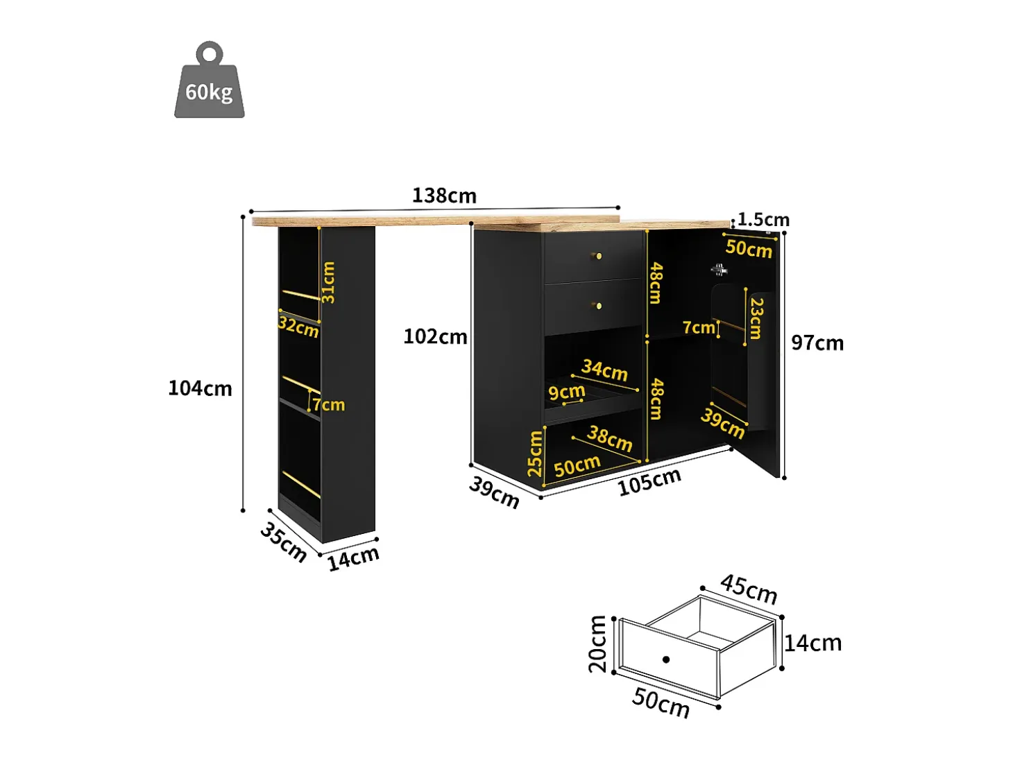 Mueble bar giratorio - 204 x 39 x 104 cm - con 2 cajones y 1 puerta - 5 espacios de almacenamiento abiertos - negro