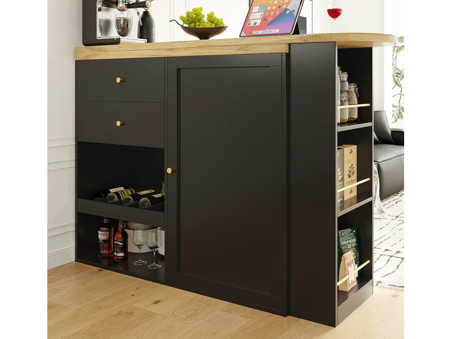 Mueble bar giratorio - 204 x 39 x 104 cm - con 2 cajones y 1 puerta - 5 espacios de almacenamiento abiertos - negro