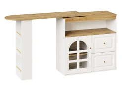 Mueble bar giratorio - Mesa de bar extensible con 2 cajones y 1 puerta de cristal - almacenamiento abierto - blanco