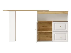 Mueble bar giratorio - Mesa de bar extensible con 2 cajones y 1 puerta de cristal - almacenamiento abierto - blanco