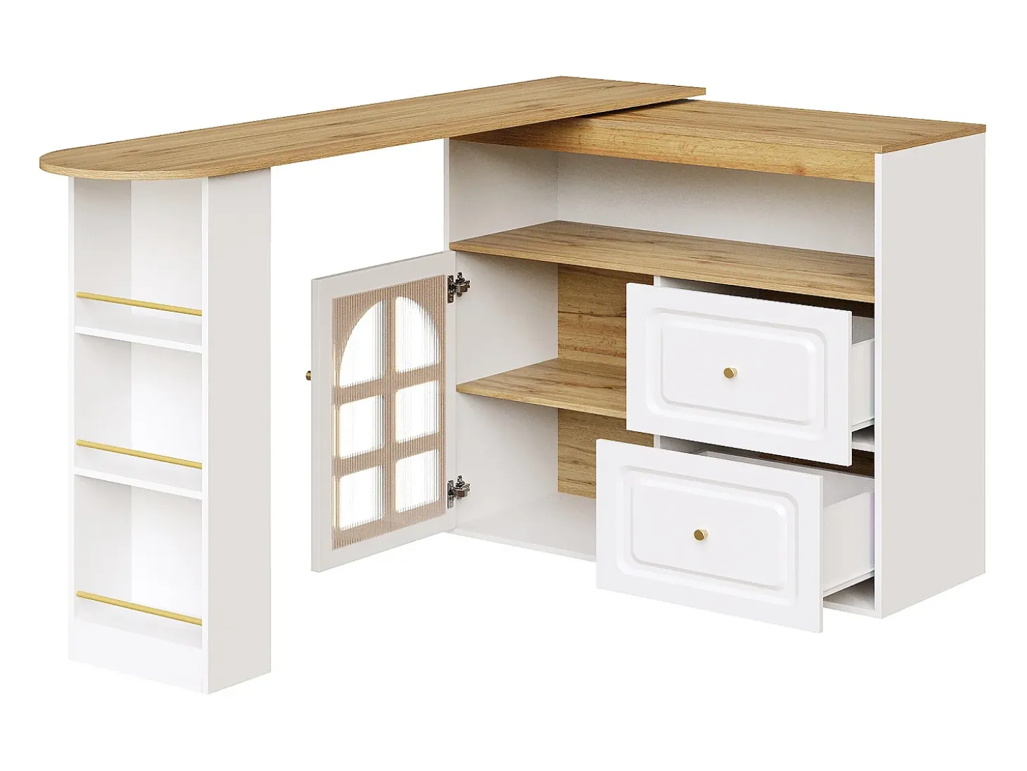 Mueble bar giratorio - Mesa de bar extensible con 2 cajones y 1 puerta de cristal - almacenamiento abierto - blanco