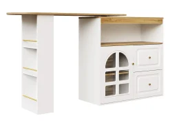 Mueble bar giratorio - Mesa de bar extensible con 2 cajones y 1 puerta de cristal - almacenamiento abierto - blanco