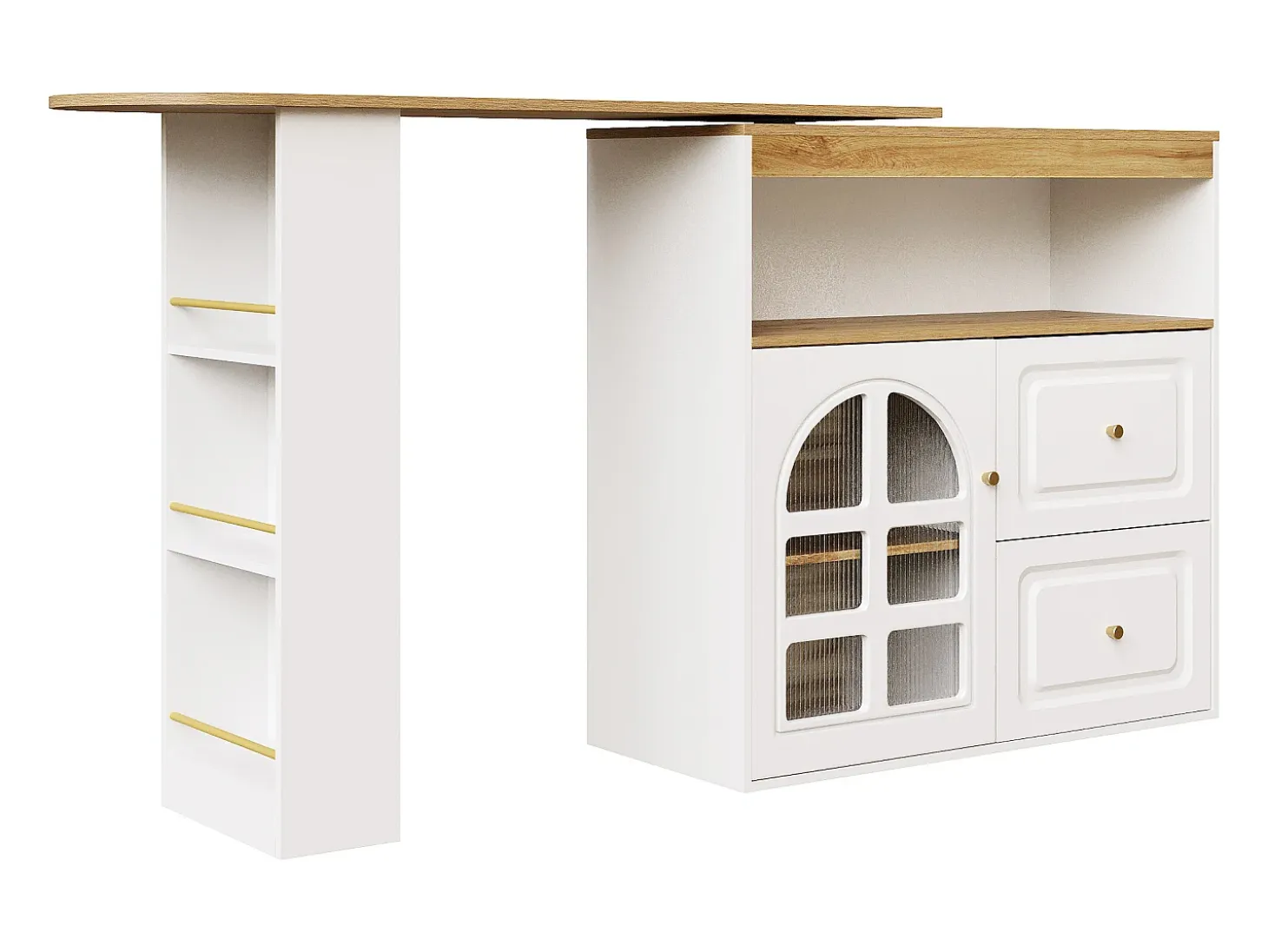 Mueble bar giratorio - Mesa de bar extensible con 2 cajones y 1 puerta de cristal - almacenamiento abierto - blanco