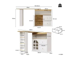 Mueble bar giratorio - Mesa de bar extensible con 2 cajones y 1 puerta de cristal - almacenamiento abierto - blanco