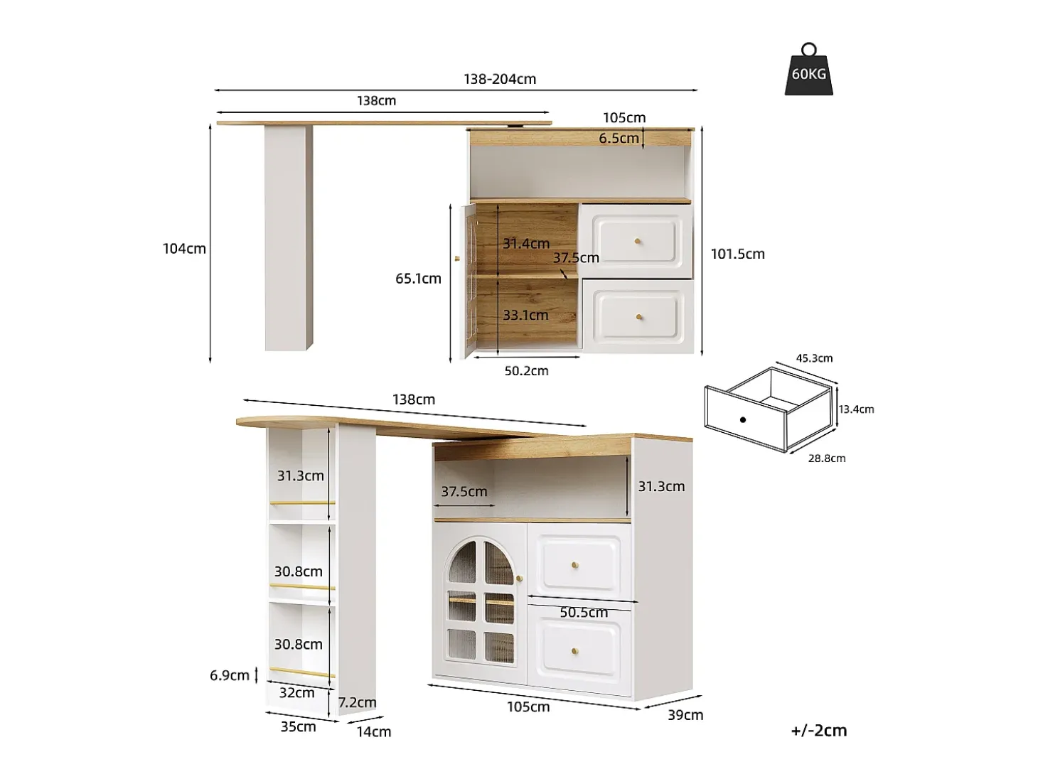 Mueble bar giratorio - Mesa de bar extensible con 2 cajones y 1 puerta de cristal - almacenamiento abierto - blanco