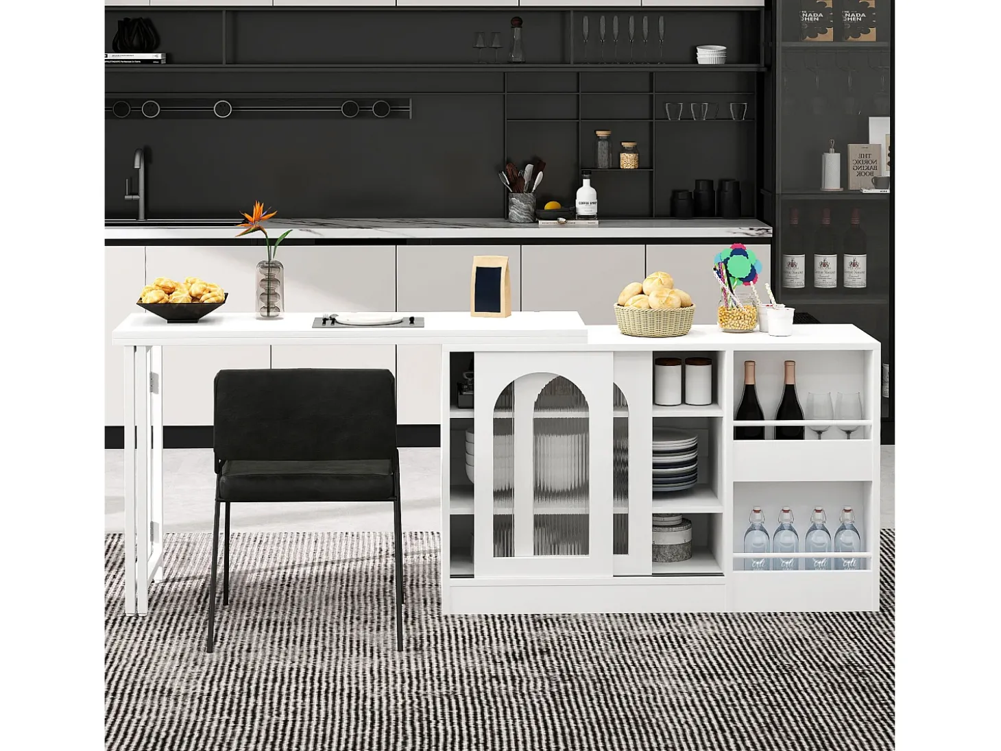 Mueble bar giratorio blanco - Mesa de bar con 2 puertas de cristal y 2 compartimentos de almacenamiento abiertos - parte superior giratoria