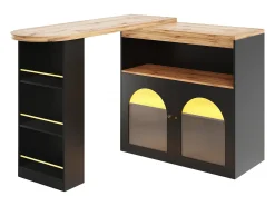 Mueble bar giratorio con iluminación LED y 2 puertas de cristal - Negro y natural claro