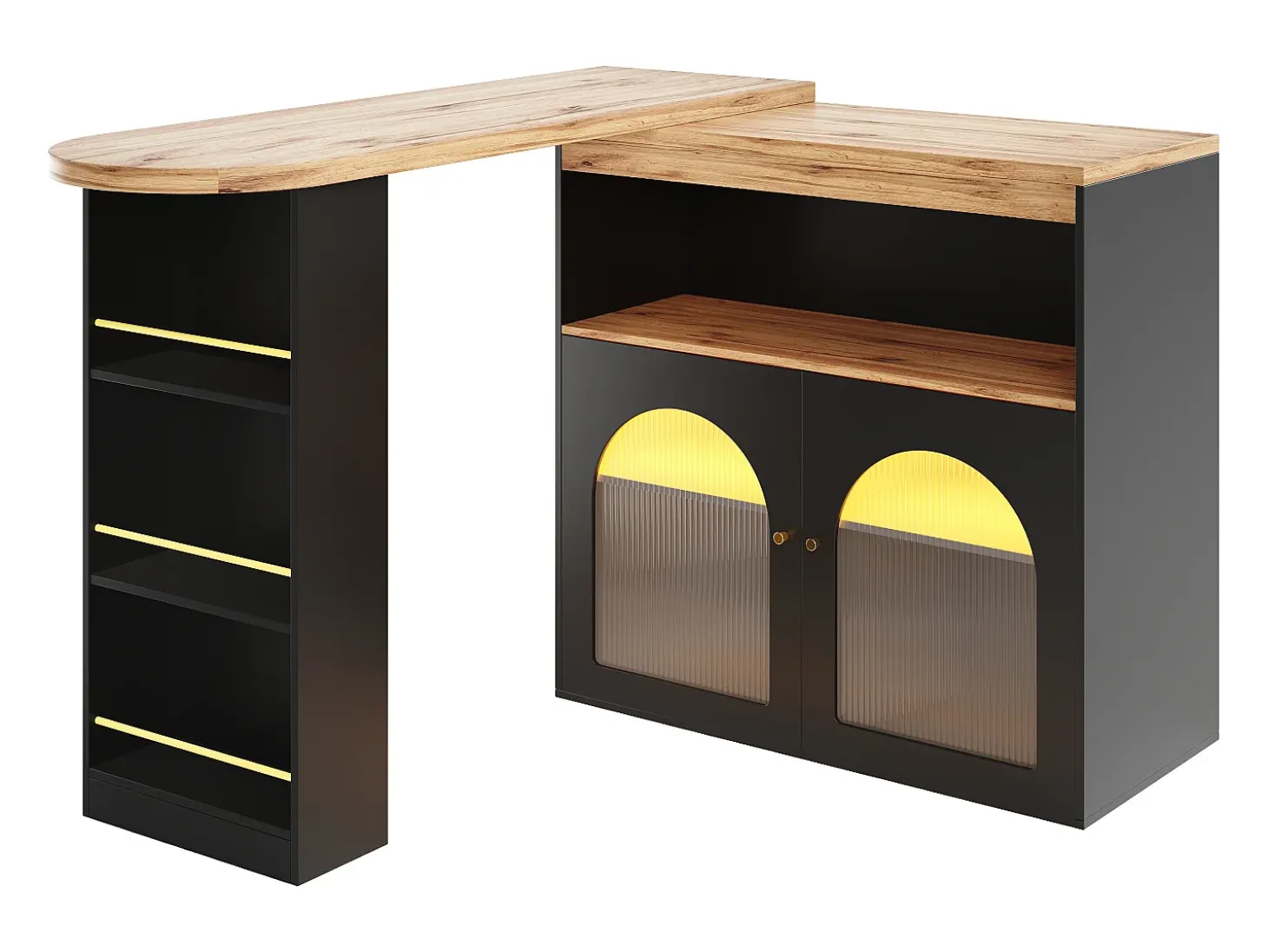 Mueble bar giratorio con iluminación LED y 2 puertas de cristal - Negro y natural claro