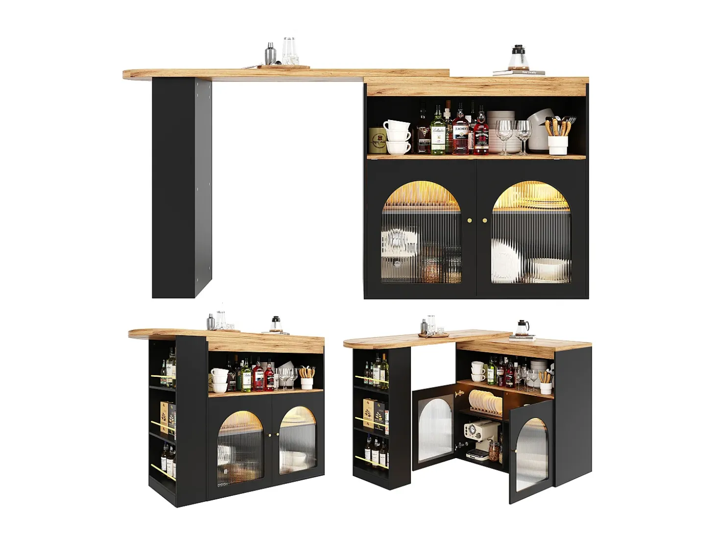 Mueble bar giratorio con iluminación LED y 2 puertas de cristal - Negro y natural claro