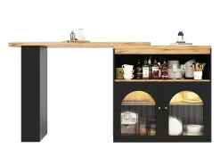 Mueble bar giratorio con iluminación LED y 2 puertas de cristal - Negro y natural claro