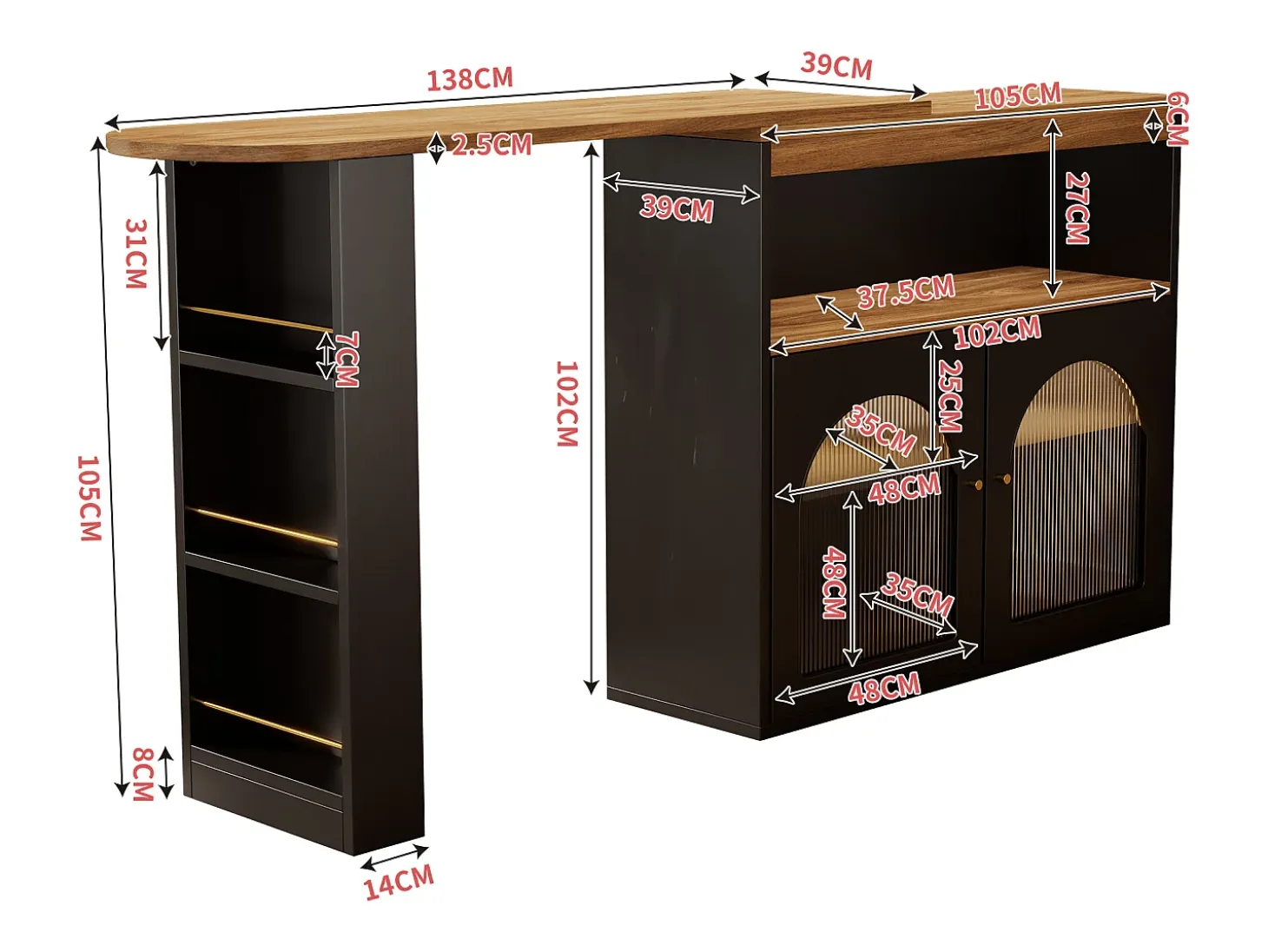 Mueble bar giratorio con iluminación LED y 2 puertas de cristal - Negro y natural claro