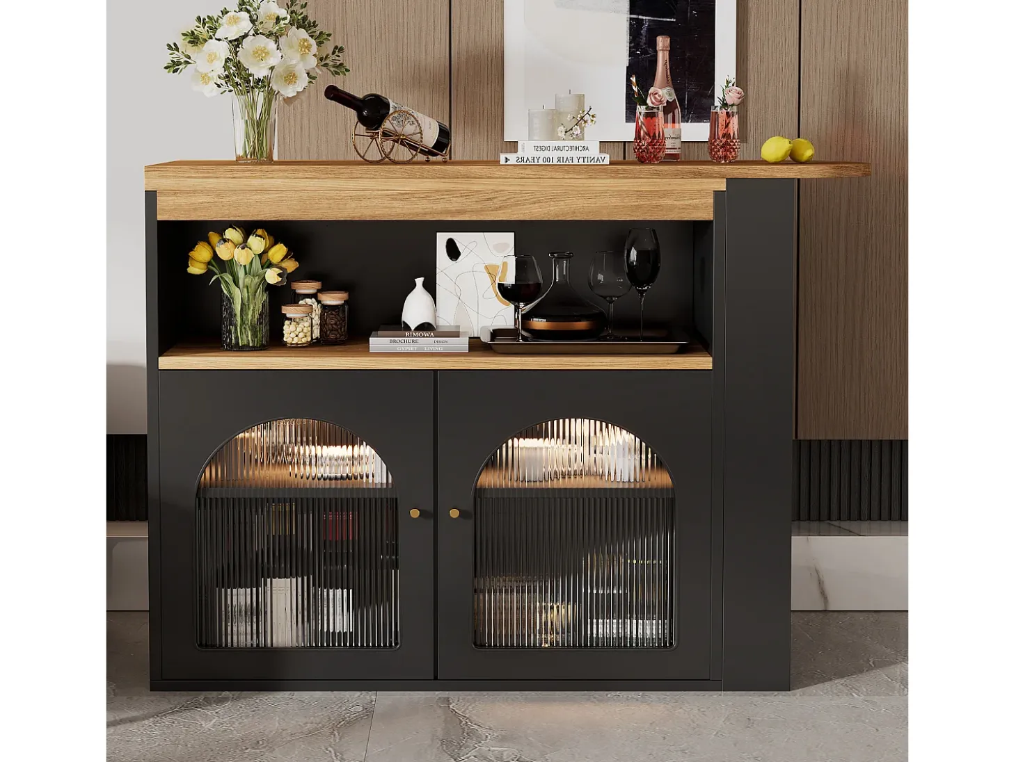 Mueble bar giratorio con iluminación LED y 2 puertas de cristal - Negro y natural claro
