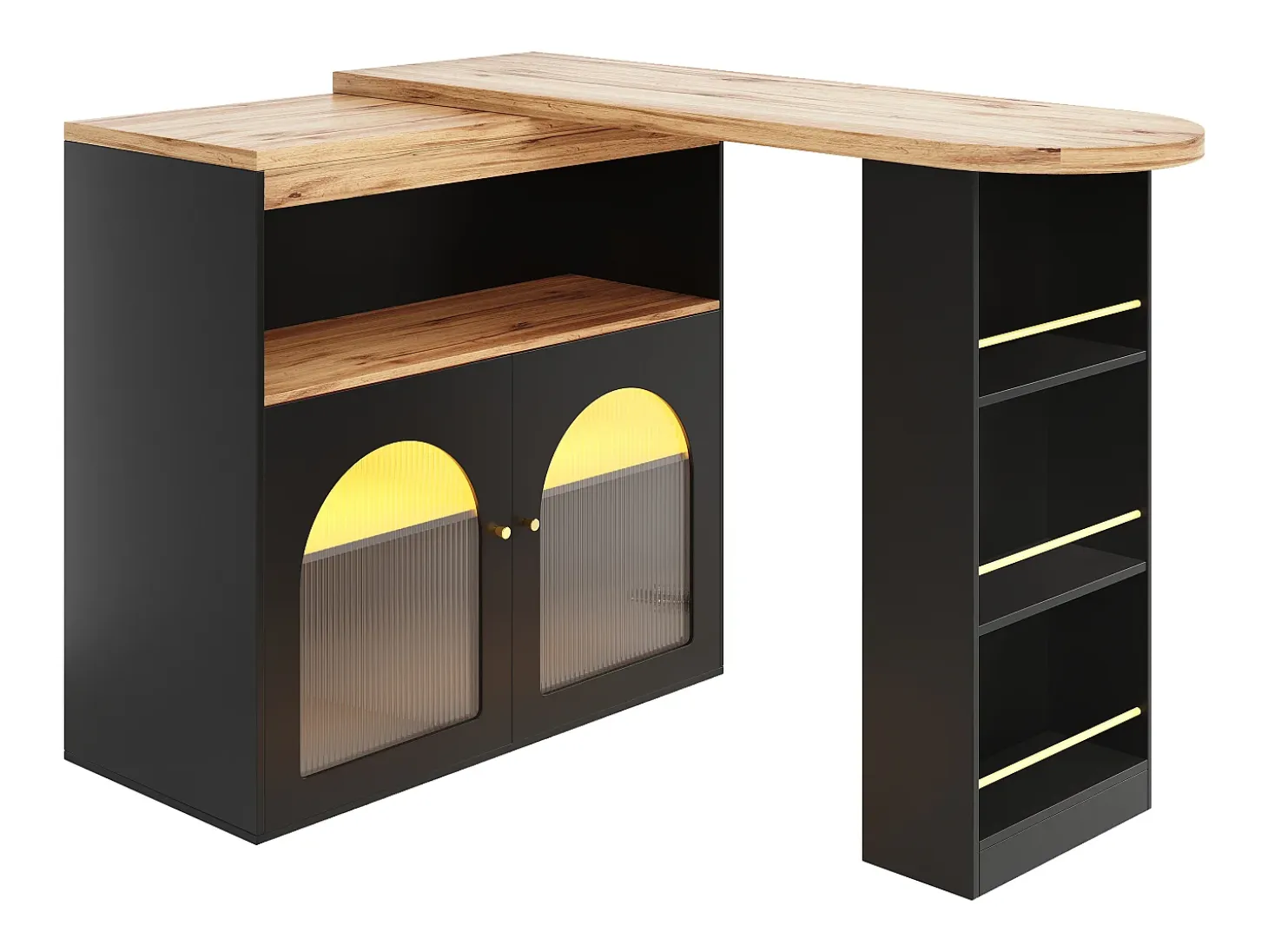 Mueble bar giratorio con iluminación LED y 2 puertas de cristal - Negro y natural claro