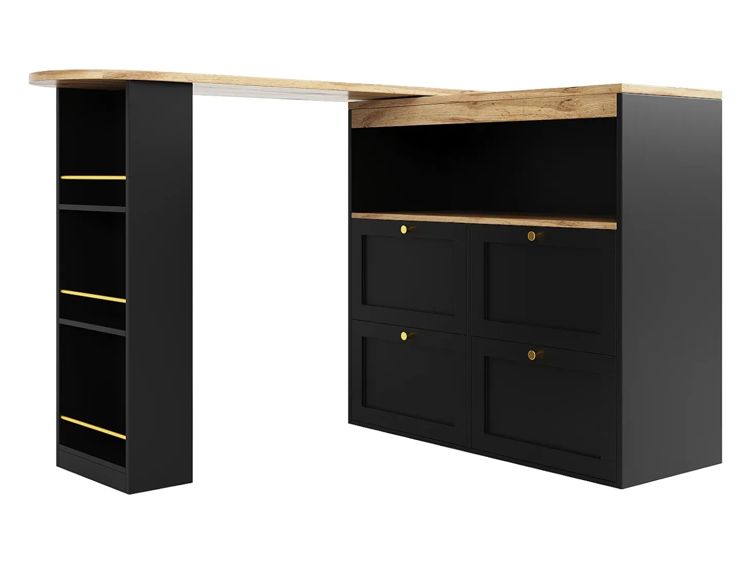 Mueble bar giratorio con 4 cajones y 1 nicho, cuerpo negro con tapa chapada en madera - 138x39x104cm