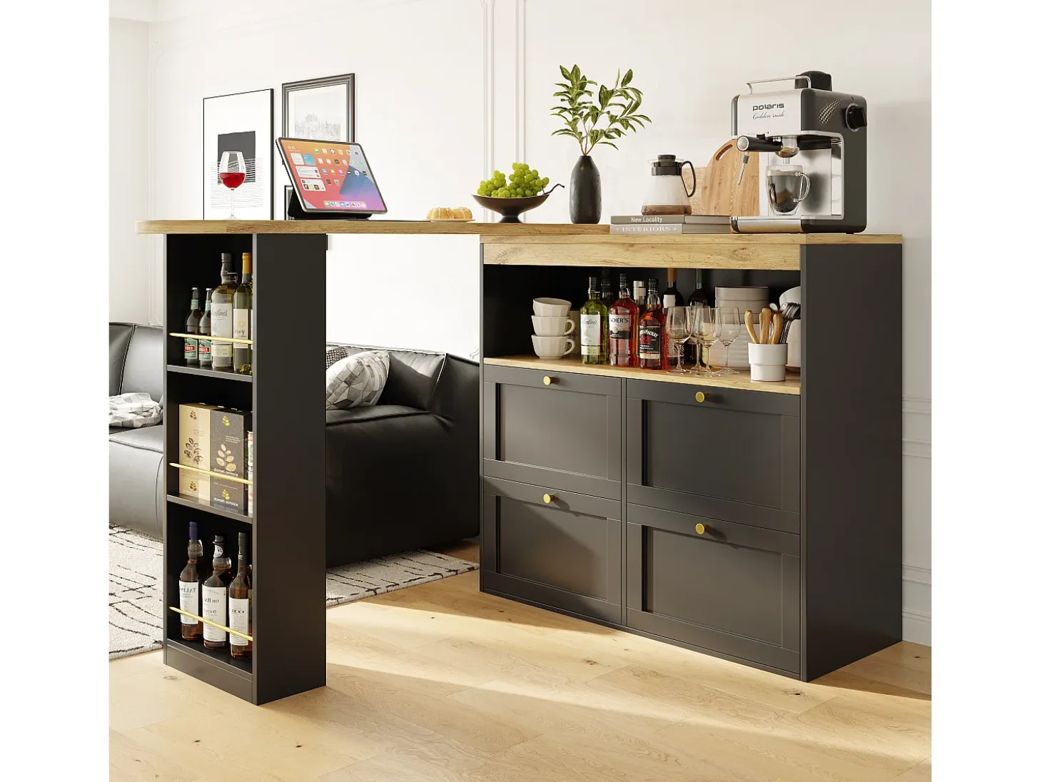 Mueble bar giratorio con 4 cajones y 1 nicho, cuerpo negro con tapa chapada en madera - 138x39x104cm