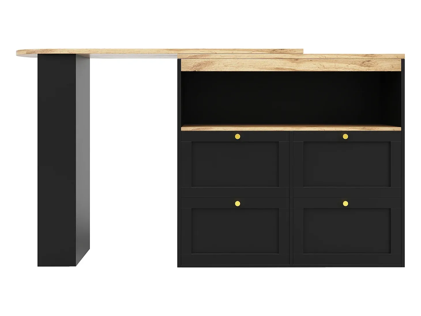 Mueble bar giratorio con 4 cajones y 1 nicho, cuerpo negro con tapa chapada en madera - 138x39x104cm