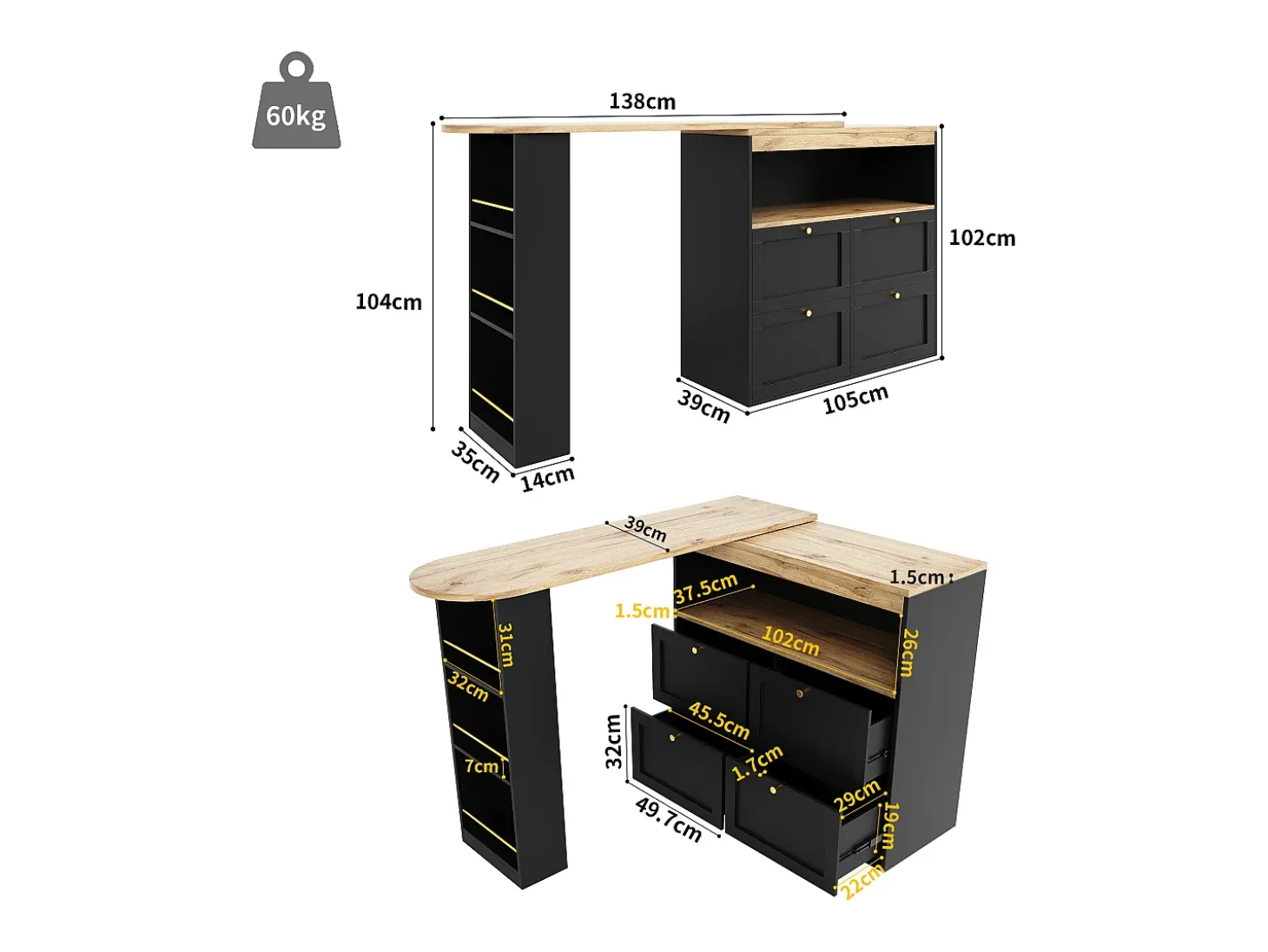 Mueble bar giratorio con 4 cajones y 1 nicho, cuerpo negro con tapa chapada en madera - 138x39x104cm