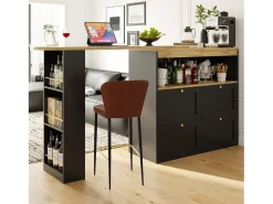 Mueble bar giratorio con 4 cajones y 1 nicho, cuerpo negro con tapa chapada en madera - 138x39x104cm