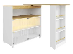 Mueble bar giratorio con ruedas con 2 puertas correderas de cristal, 1 nicho y estantes, LED incluido, MDF, blanco - 138x39x105cm
