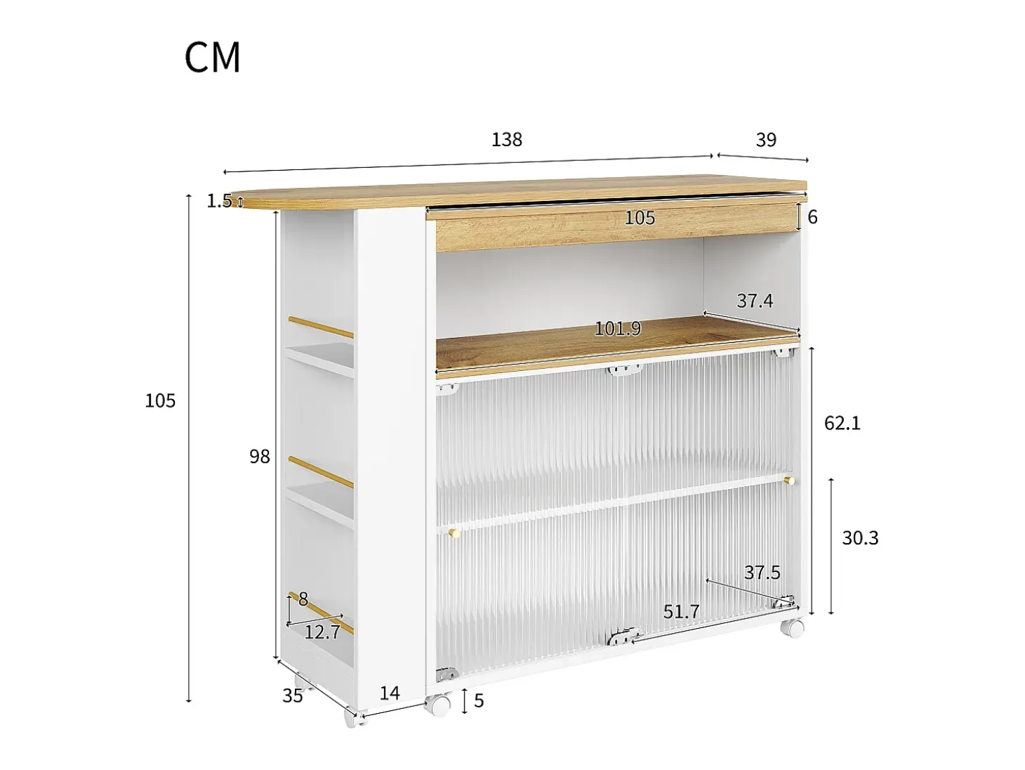 Mueble bar giratorio con ruedas con 2 puertas correderas de cristal, 1 nicho y estantes, LED incluido, MDF, blanco - 138x39x105cm