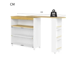 Mueble bar giratorio con ruedas con 2 puertas correderas de cristal, 1 nicho y estantes, LED incluido, MDF, blanco - 138x39x105cm