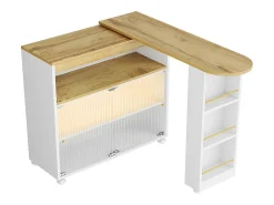 Mueble bar giratorio con ruedas con 2 puertas correderas de cristal, 1 nicho y estantes, LED incluido, MDF, blanco - 138x39x105cm