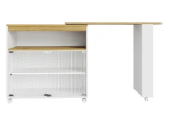 Mueble bar giratorio con ruedas con 2 puertas correderas de cristal, 1 nicho y estantes, LED incluido, MDF, blanco - 138x39x105cm