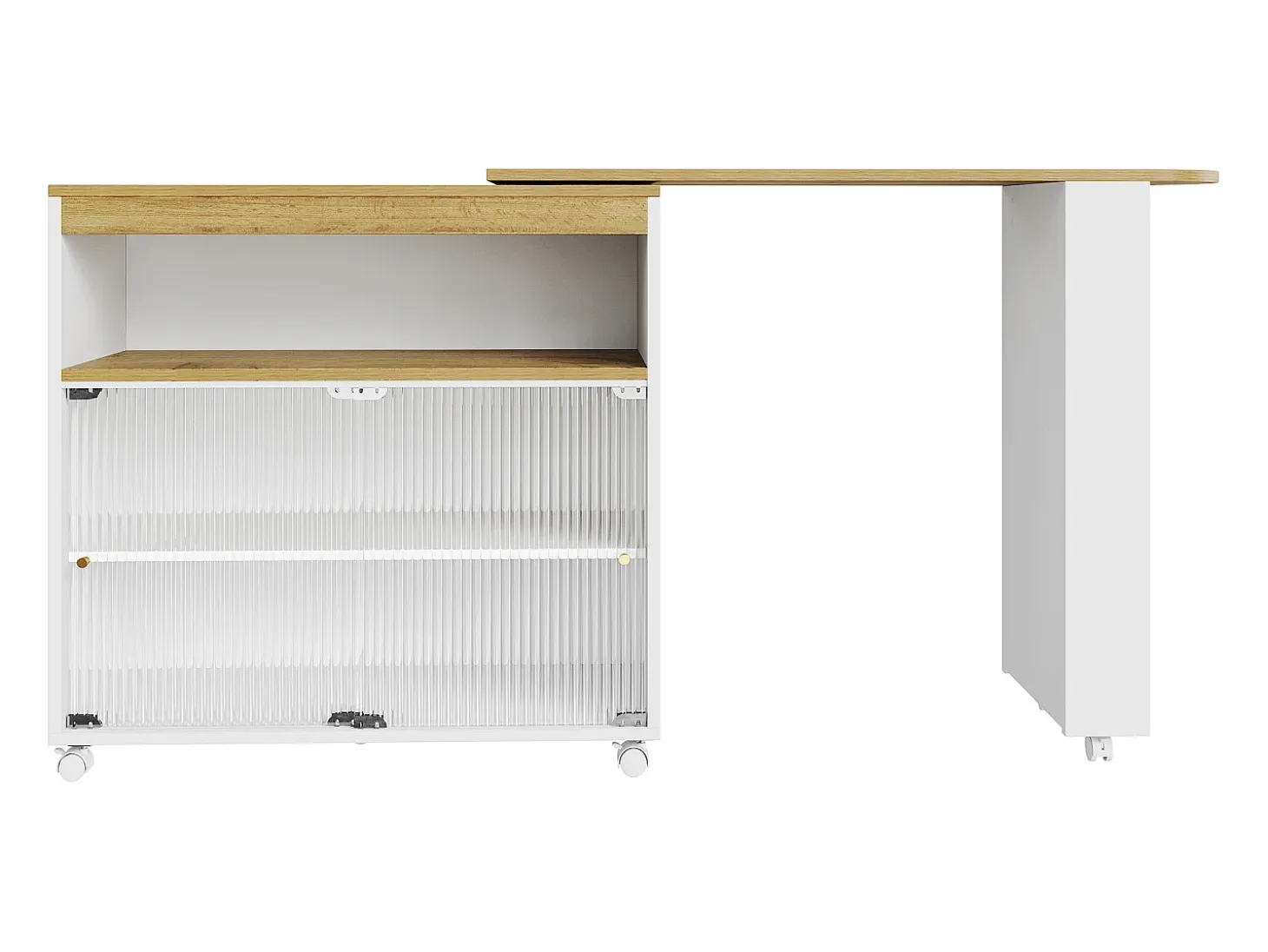 Mueble bar giratorio con ruedas con 2 puertas correderas de cristal, 1 nicho y estantes, LED incluido, MDF, blanco - 138x39x105cm
