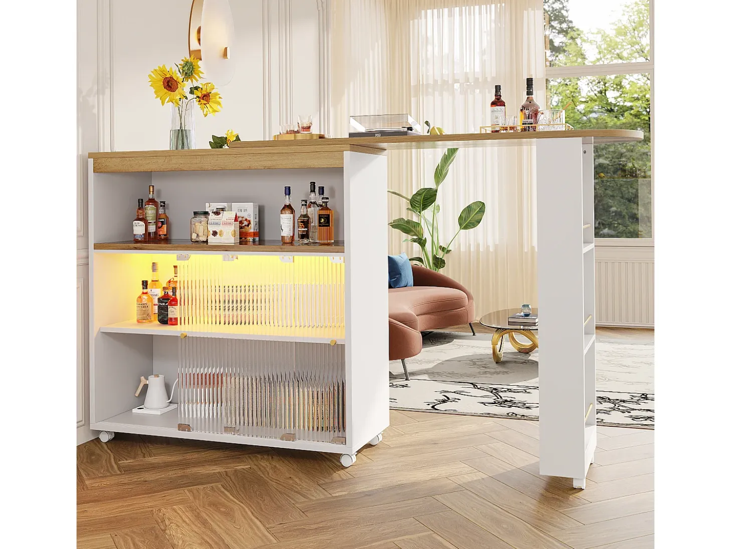 Mueble bar giratorio con ruedas con 2 puertas correderas de cristal, 1 nicho y estantes, LED incluido, MDF, blanco - 138x39x105cm