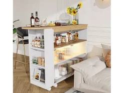Mueble bar giratorio con ruedas con 2 puertas correderas de cristal, 1 nicho y estantes, LED incluido, MDF, blanco - 138x39x105cm