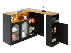 Mueble bar giratorio con 4 puertas e iluminación LED - Puertas de cristal - Tapa imitación madera - Negro