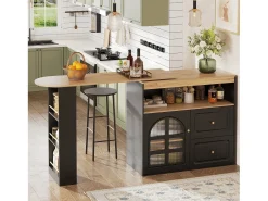 Mueble bar giratorio con 1 puerta de cristal, 1 nicho y 2 cajones, cuerpo negro, estantes incluidos - 204x39x104cm
