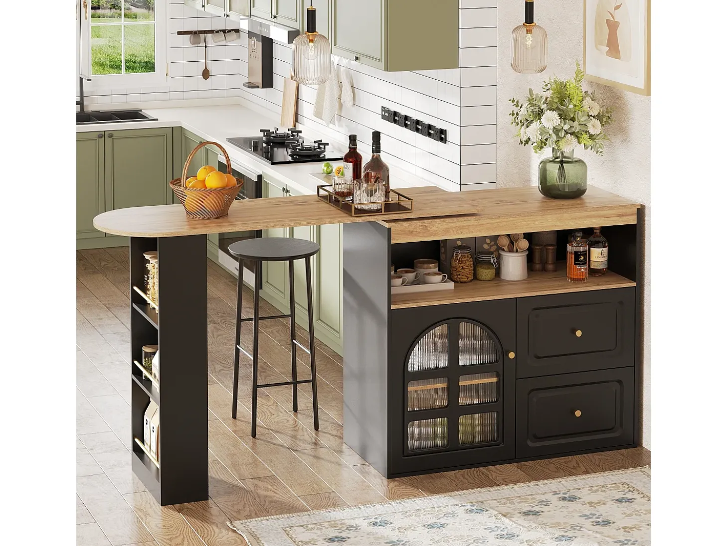 Mueble bar giratorio con 1 puerta de cristal, 1 nicho y 2 cajones, cuerpo negro, estantes incluidos - 204x39x104cm