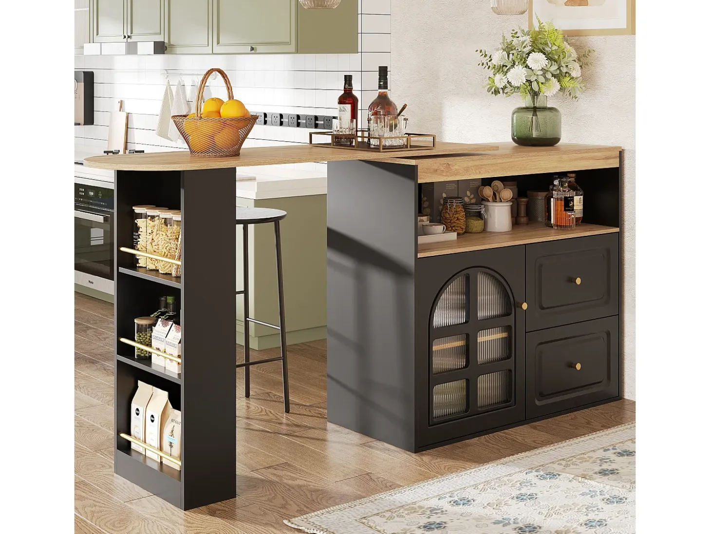Mueble bar giratorio con 1 puerta de cristal, 1 nicho y 2 cajones, cuerpo negro, estantes incluidos - 204x39x104cm