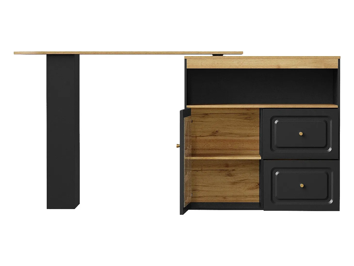 Mueble bar giratorio con 1 puerta de cristal, 1 nicho y 2 cajones, cuerpo negro, estantes incluidos - 204x39x104cm