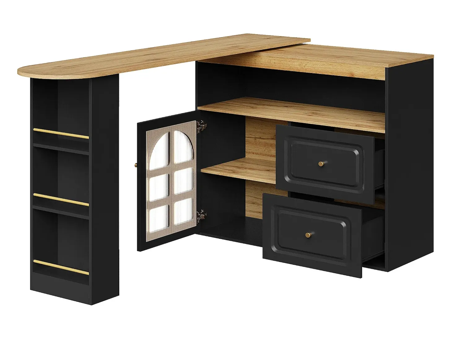 Mueble bar giratorio con 1 puerta de cristal, 1 nicho y 2 cajones, cuerpo negro, estantes incluidos - 204x39x104cm