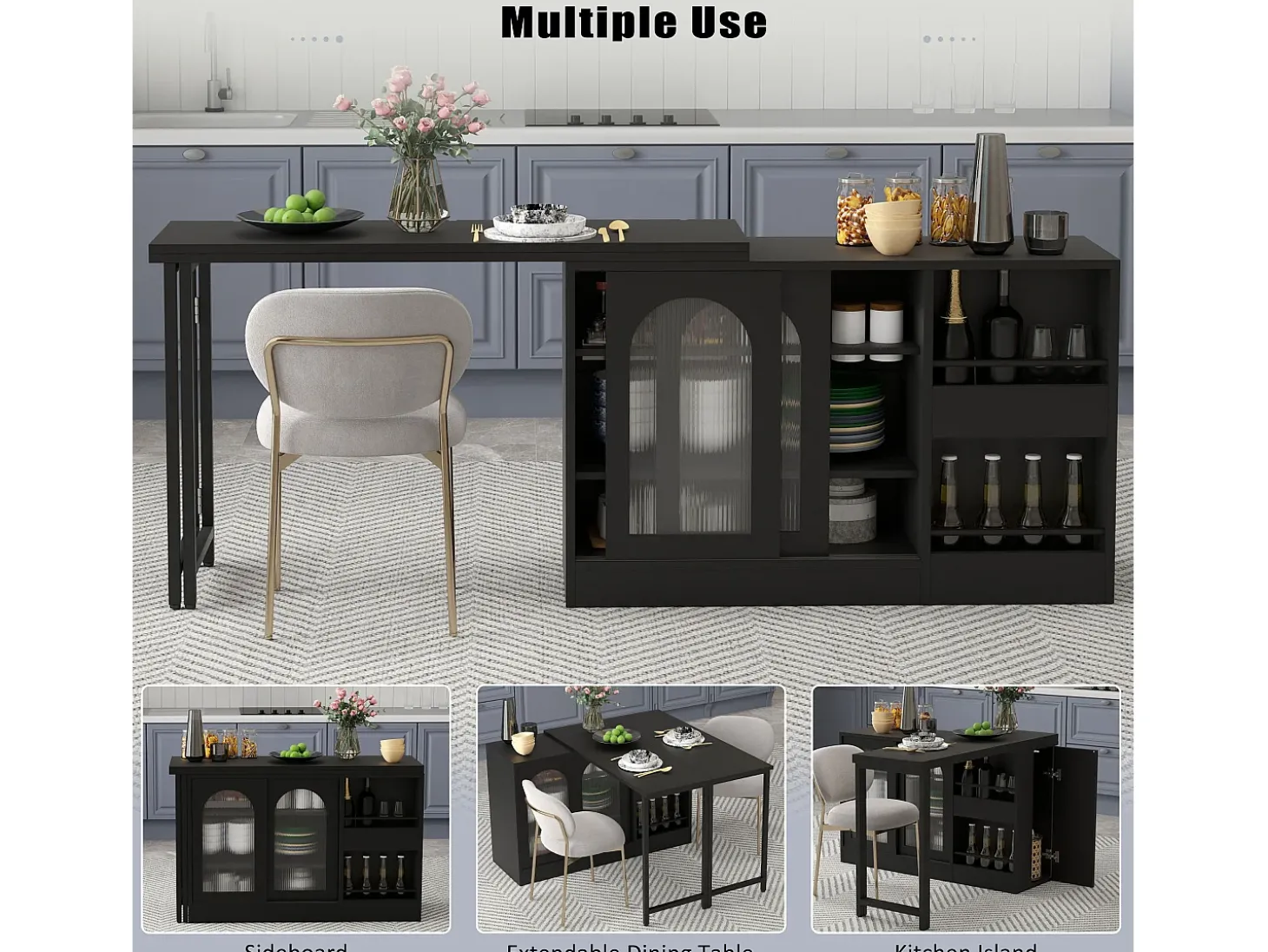 Mueble bar giratorio con 2 puertas de cristal - Tapa reversible - Negro