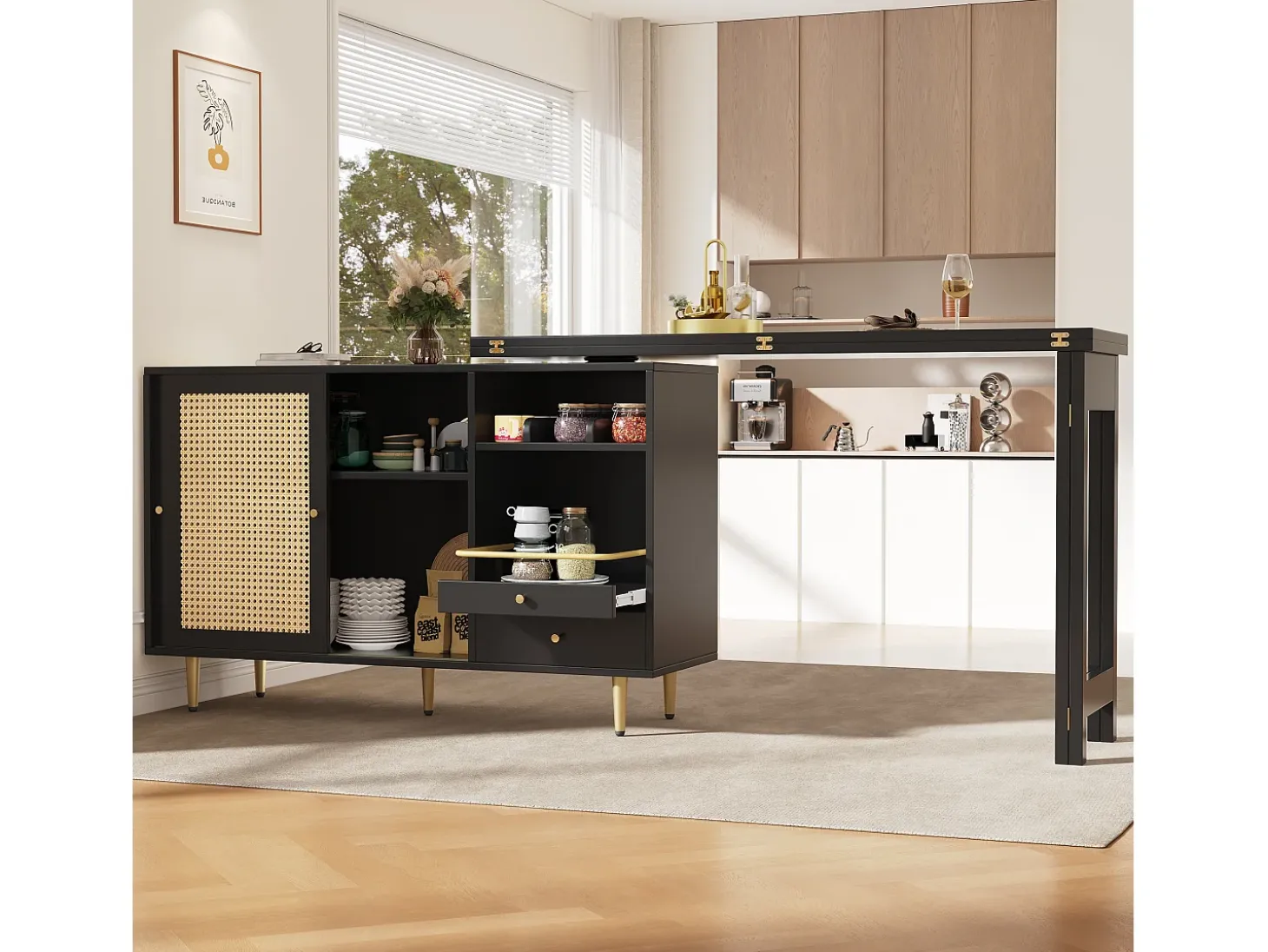 Mueble bar giratorio con 2 puertas correderas de ratán y cajón - Negro