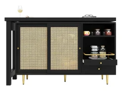 Mueble bar giratorio con 2 puertas correderas de ratán y cajón - Negro