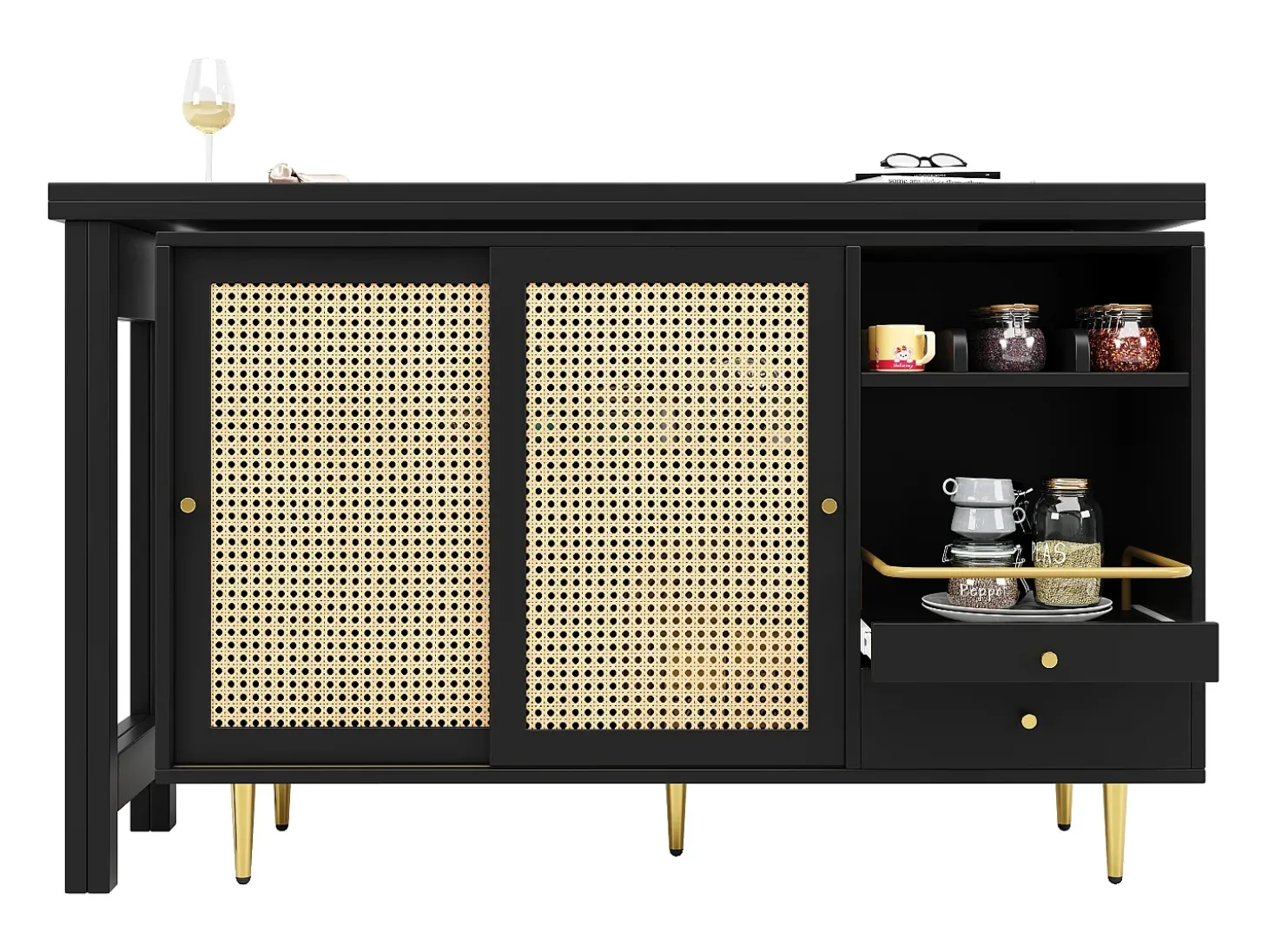 Mueble bar giratorio negro - Mueble bar extensible con puertas y cajones corredizos de ratán - Almacenamiento abierto
