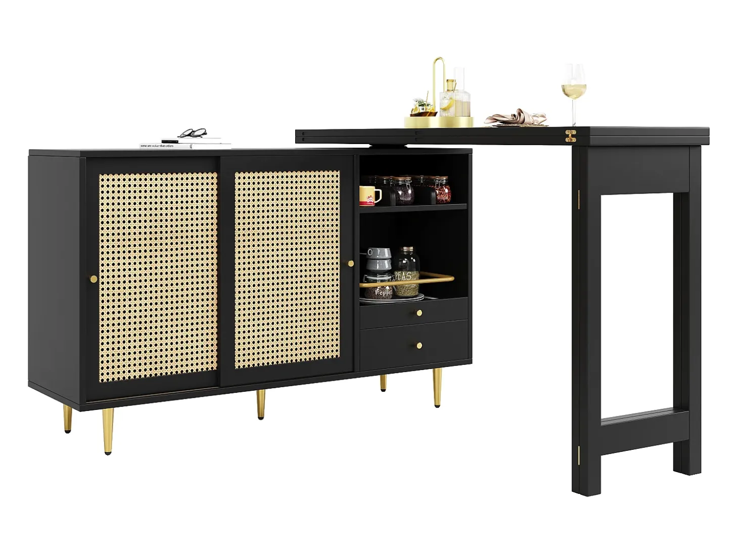 Mueble bar giratorio negro - Mueble bar extensible con puertas y cajones corredizos de ratán - Almacenamiento abierto