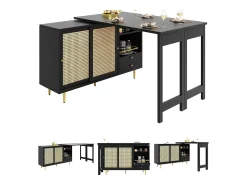 Mueble bar giratorio negro - Mueble bar extensible con puertas y cajones corredizos de ratán - Almacenamiento abierto