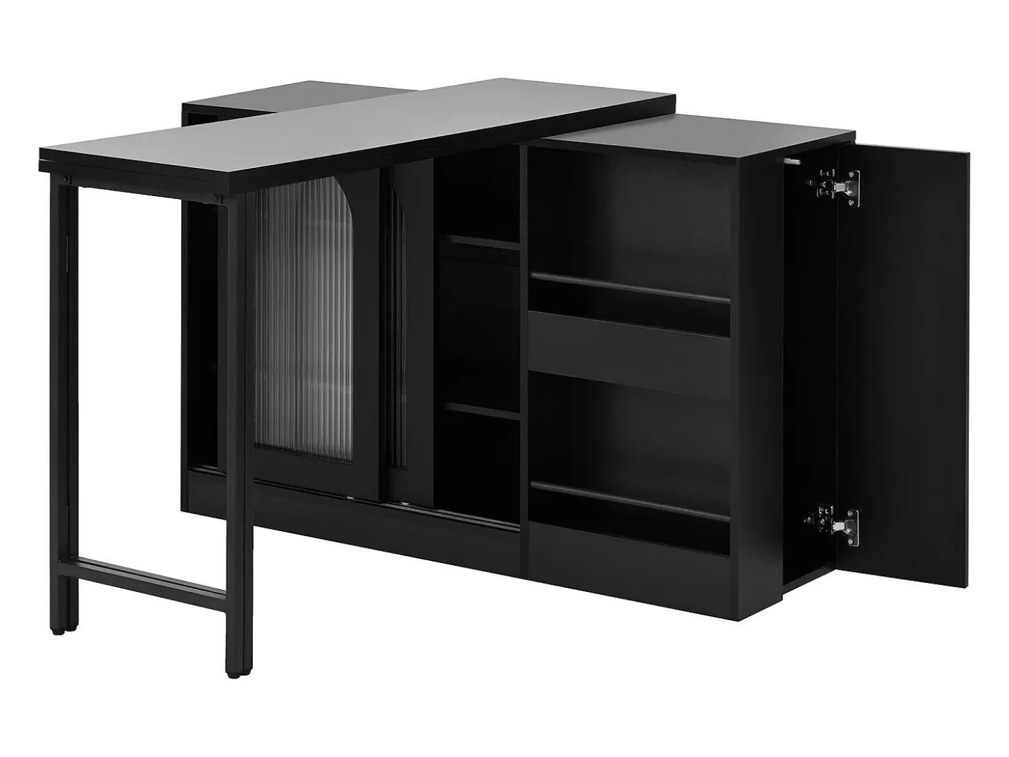Mueble bar giratorio negro - Mesa de bar con 2 puertas de cristal y 2 compartimentos de almacenamiento abiertos - parte superior giratoria
