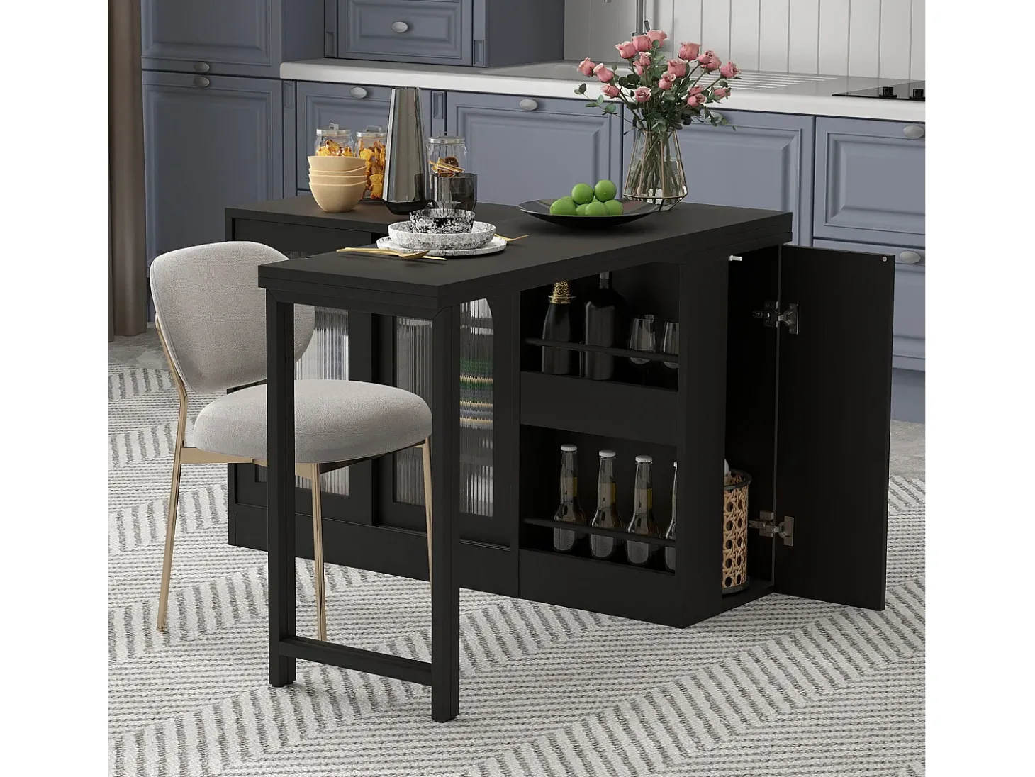 Mueble bar giratorio negro - Mesa de bar con 2 puertas de cristal y 2 compartimentos de almacenamiento abiertos - parte superior giratoria