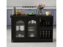 Mueble bar giratorio negro - Mesa de bar con 2 puertas de cristal y 2 compartimentos de almacenamiento abiertos - parte superior giratoria