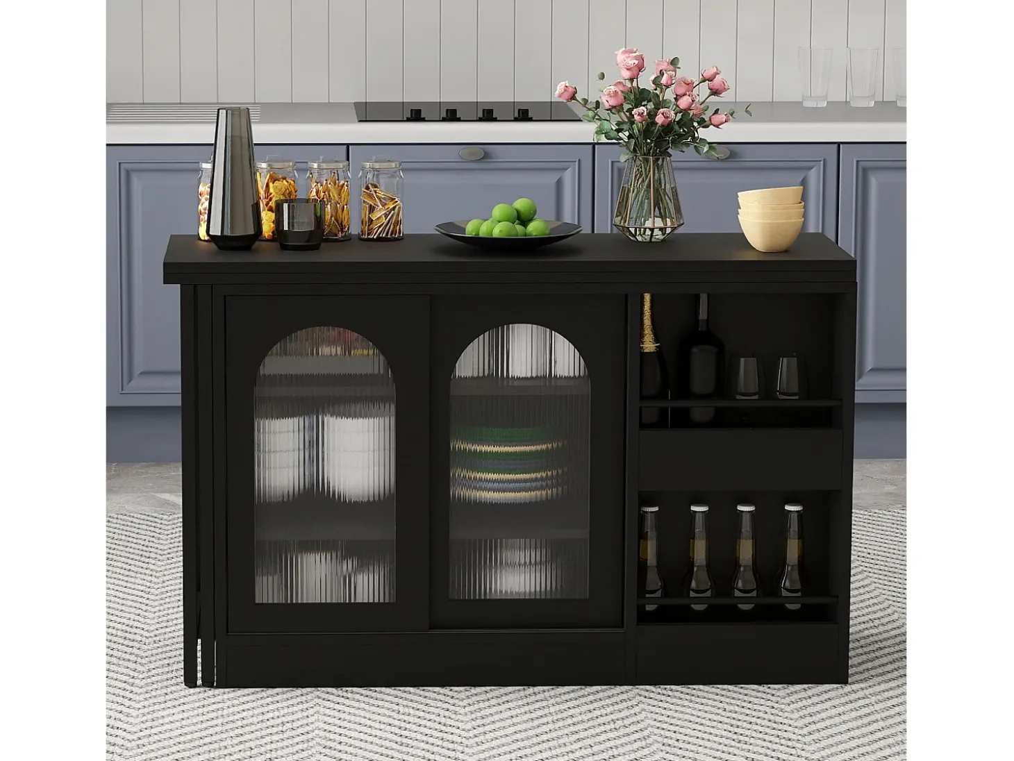 Mueble bar giratorio negro - Mesa de bar con 2 puertas de cristal y 2 compartimentos de almacenamiento abiertos - parte superior giratoria