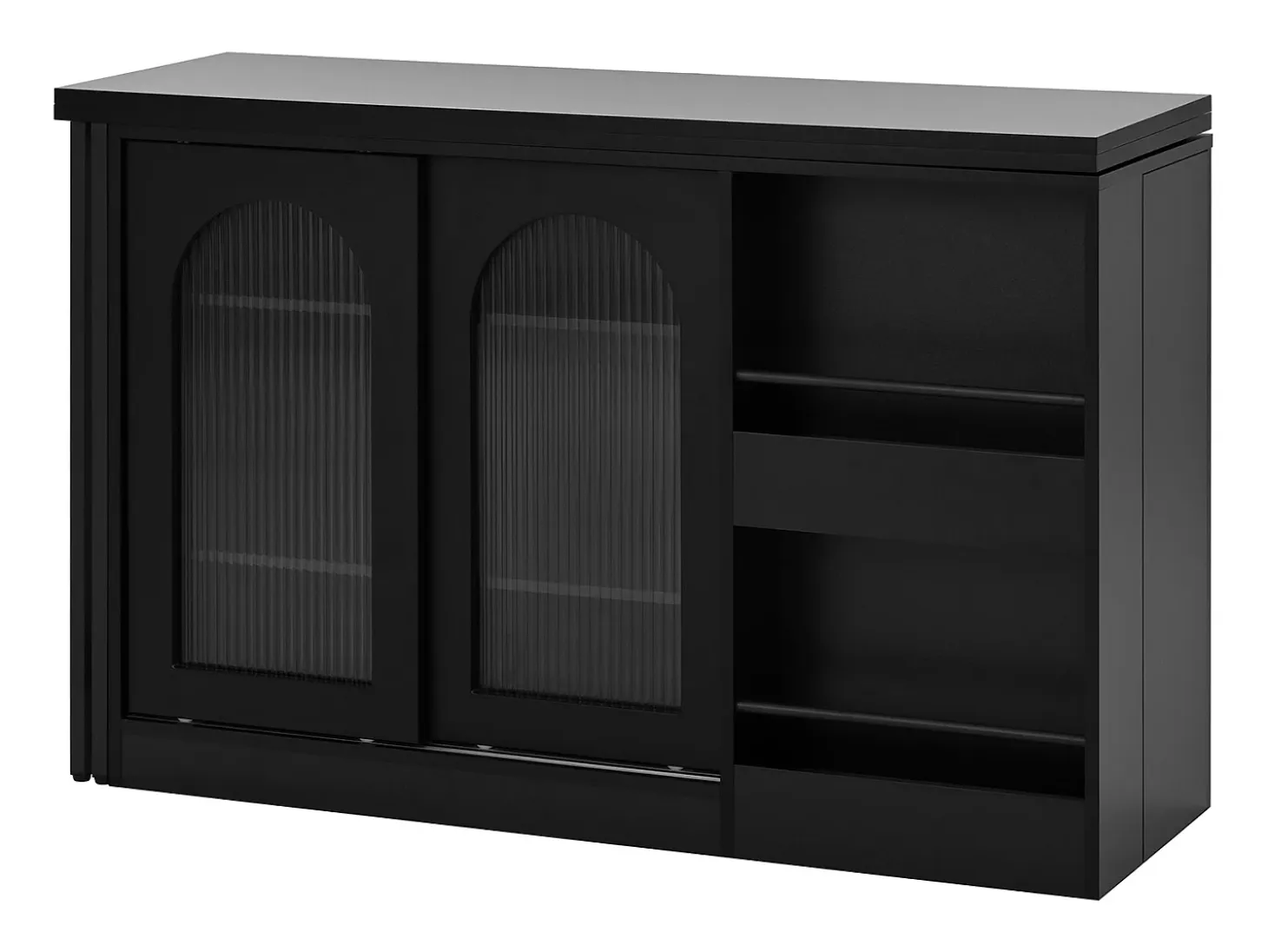 Mueble bar giratorio negro - Mesa de bar con 2 puertas de cristal y 2 compartimentos de almacenamiento abiertos - parte superior giratoria